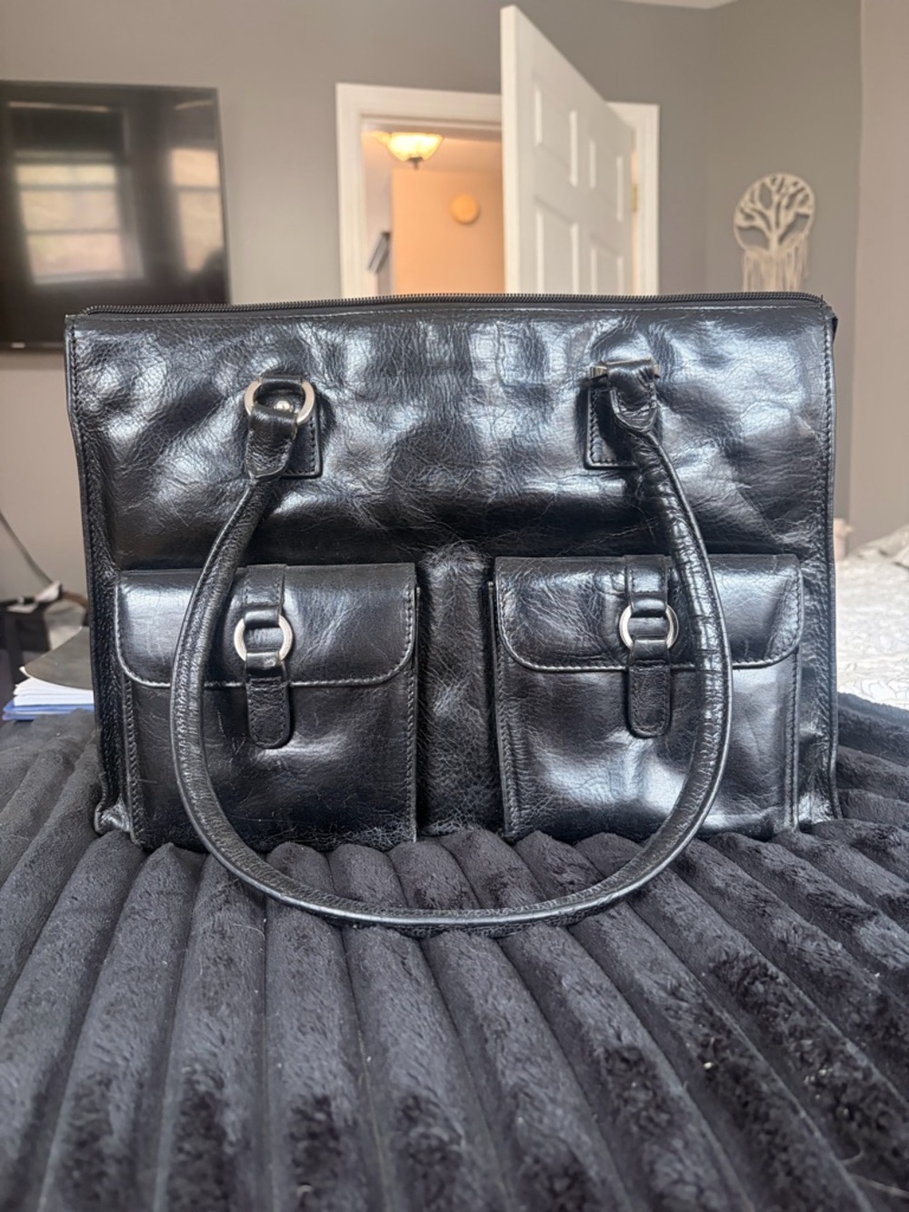 Classic Black Leather Laptop Bag with Front Pockets